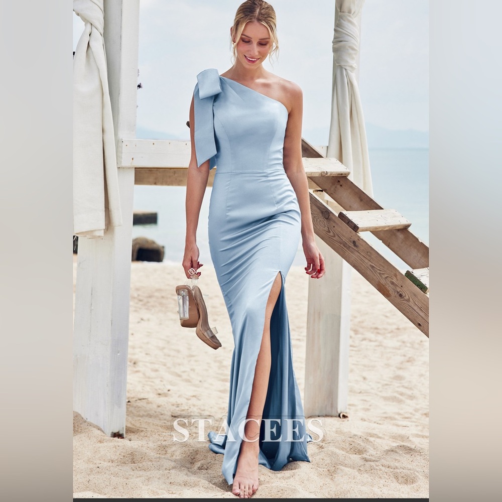 Blue off the shoulder dress with bow